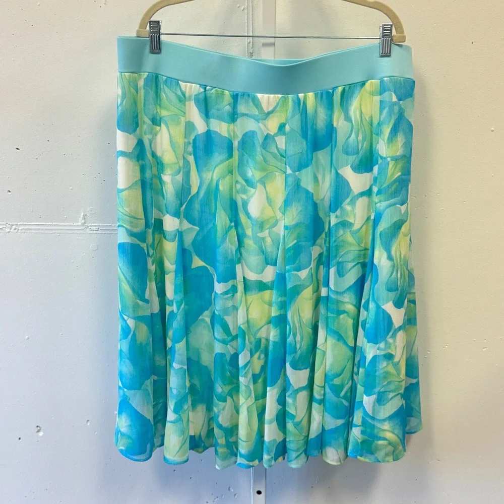 Ruby Rd. Boho Watercolor Floral Pleated Knee Length Mini Skirt Plus Size 1X Blue